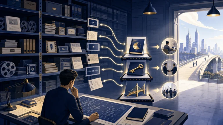 A creator selecting old videos, newsletters and workshop notes to assemble reusable knowledge assets.