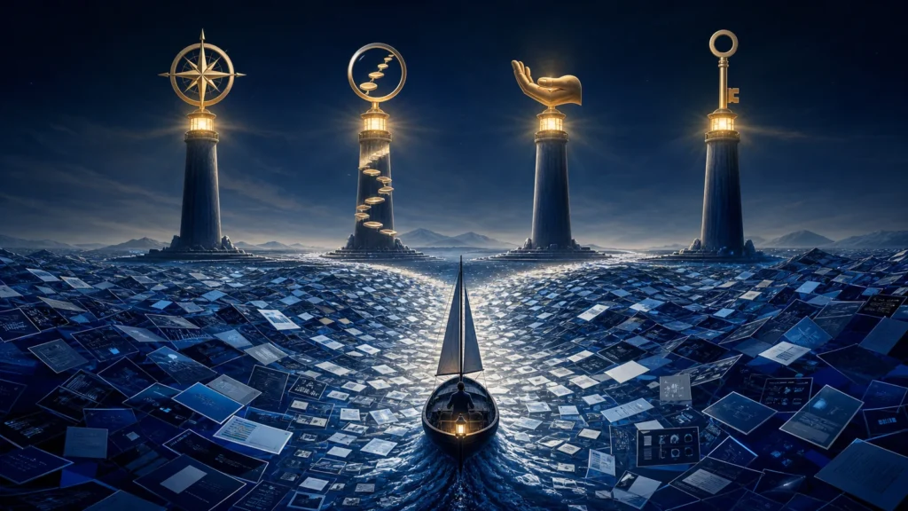 Four beacons representing judgment, evidence, responsibility and rights above an ocean of AI-generated content.