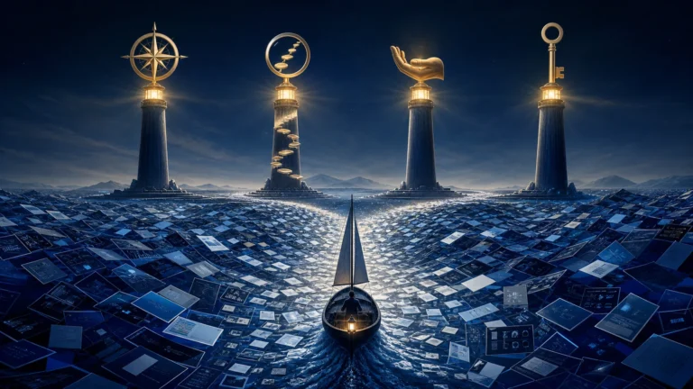 Four beacons representing judgment, evidence, responsibility and rights above an ocean of AI-generated content.
