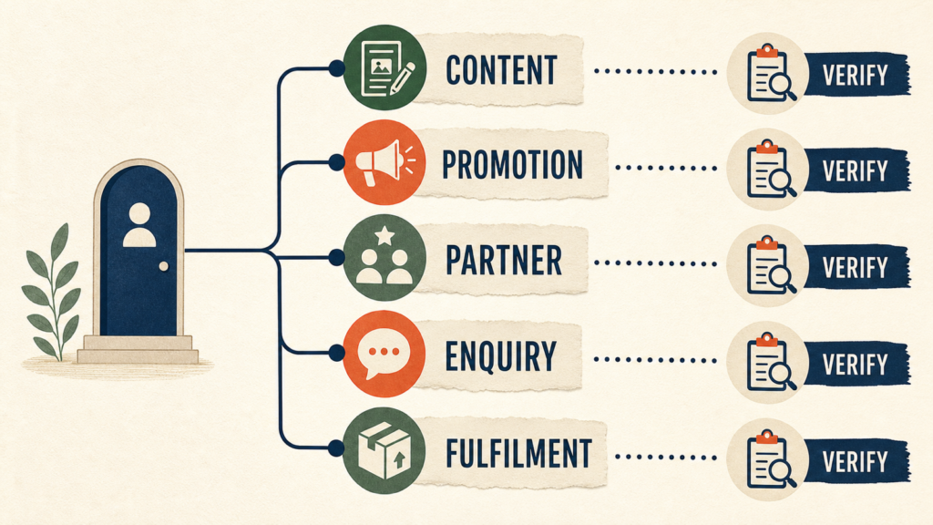 A route-specific question tree separating content, promotion, partner collaboration, data handoff, and fulfilment questions.