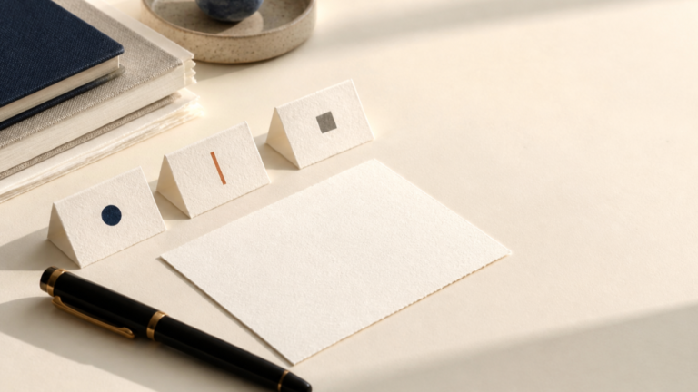 A folded decision note with three separate interpretation slips for continue, revise, and stop beside an unmarked test observation card.