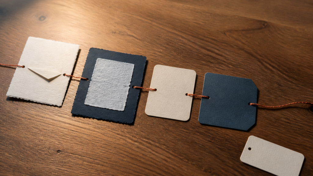 A referral note, a proof card, a reply card, and a next-step card connected by a single handoff thread on a warm desk.