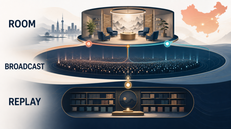 A live cohort delivery map separating the interactive room, live broadcast, and replay surfaces.