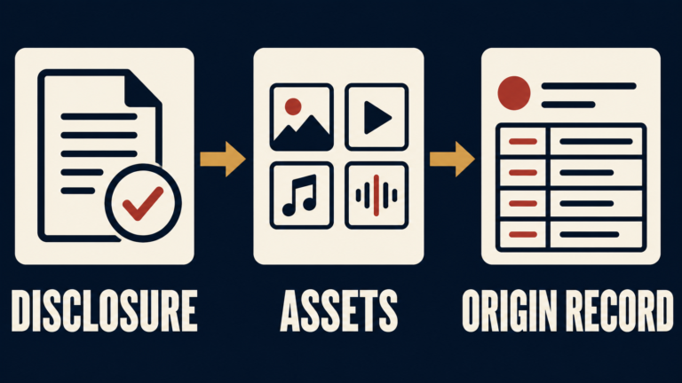 A platform disclosure card handing text, image, audio, and video assets into a structured content-origin record.