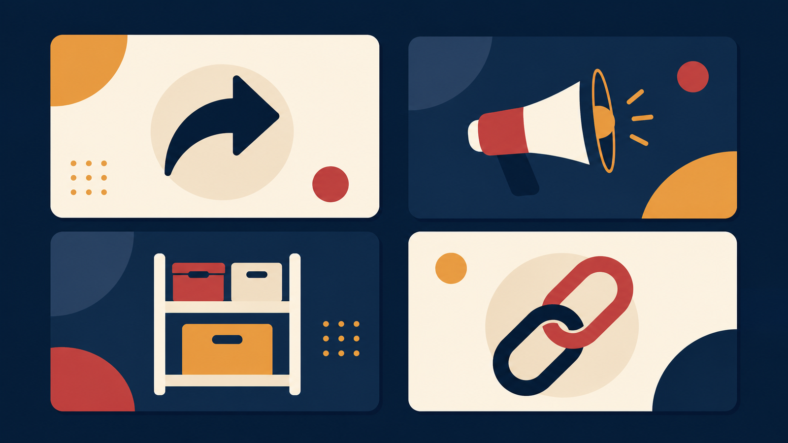 Four icon-only distribution cards representing sharing, promotion, shelf placement, and channel linking.