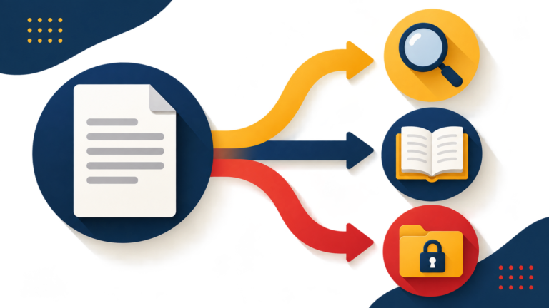 A course PDF branches toward icons for discovery, an independent resource, and controlled material.