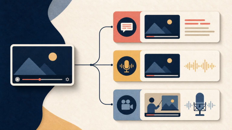 Three video release paths showing subtitles, dubbed audio and a new recording