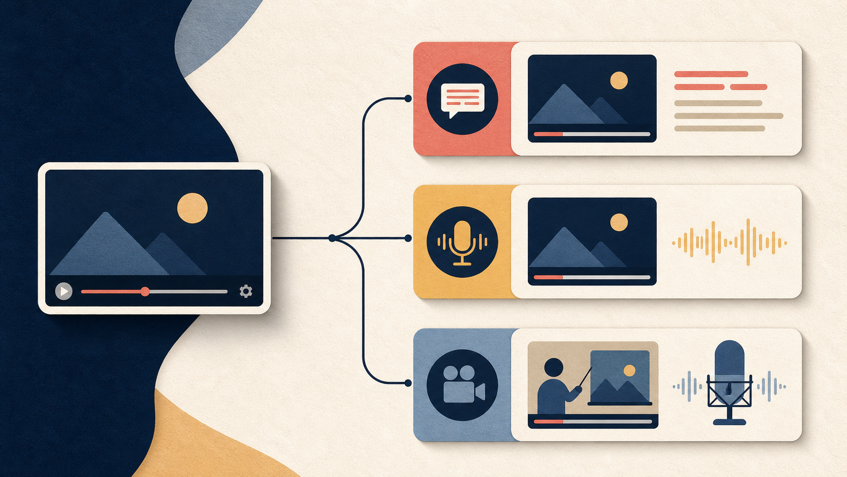 Three video release paths showing subtitles, dubbed audio and a new recording