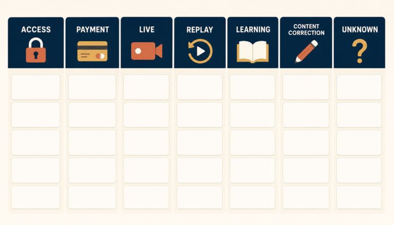 Support tickets classified by access, payment, live session, replay and learning task
