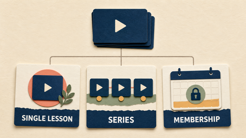 One set of videos branching into a one-off item, a structured series and a membership promise.