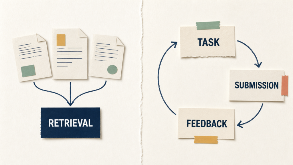 Documents entering a knowledge base beside a separate learner task and review loop.