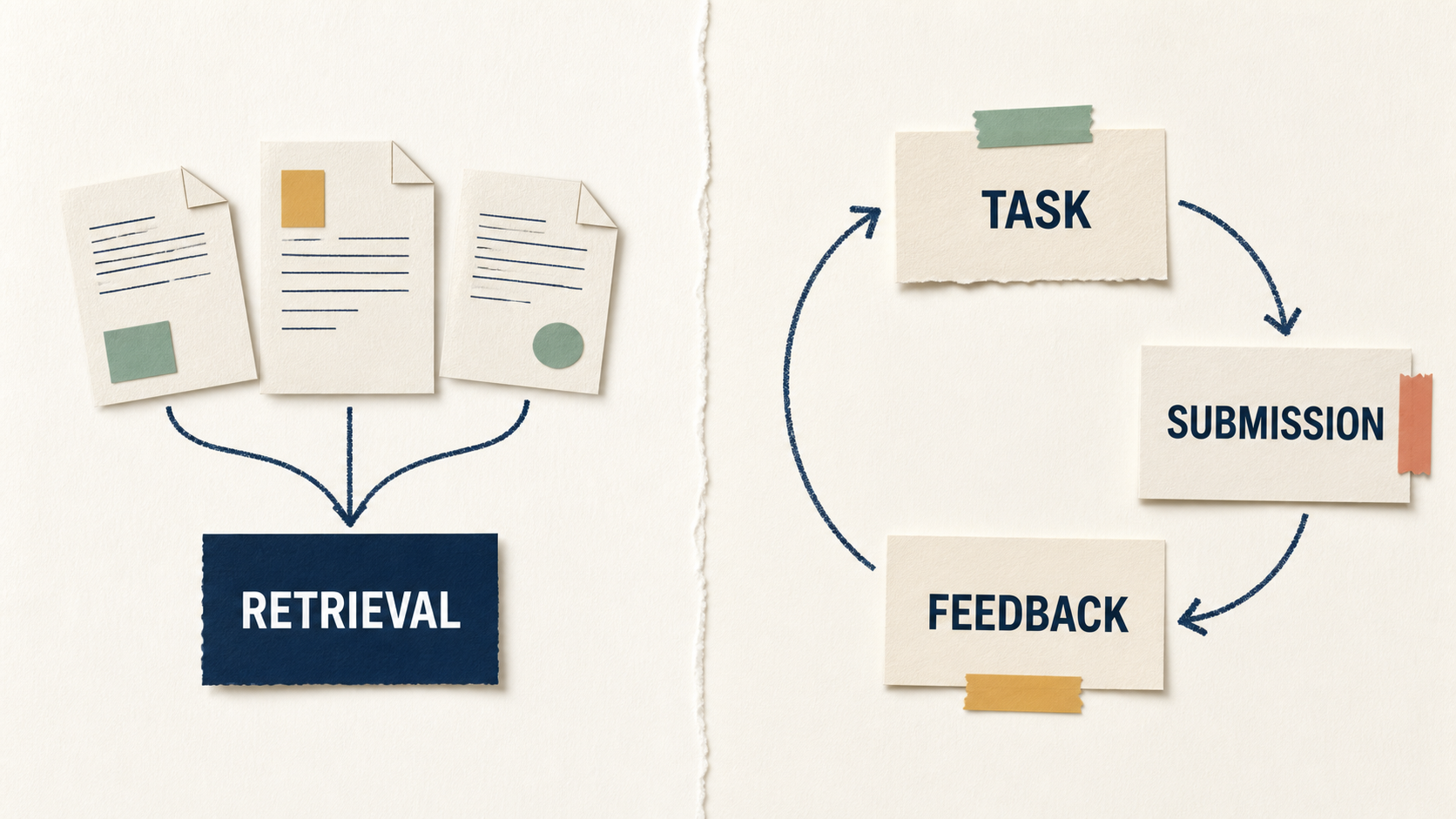 Documents entering a knowledge base beside a separate learner task and review loop.