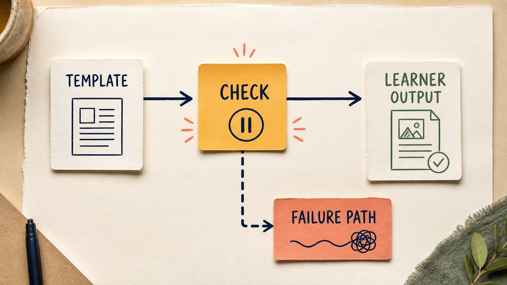 A workflow template connected to assumptions, failure paths and a learner review card.