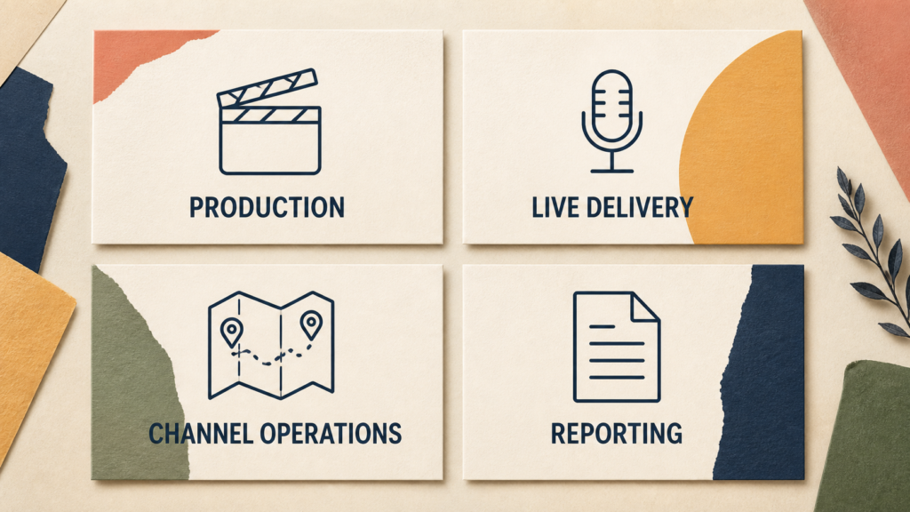 Four separate workstream cards for course production, live sessions, channel operations and reporting.