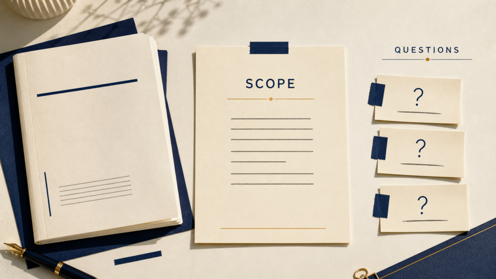 A public training document separated into a scope card and unanswered buyer questions.