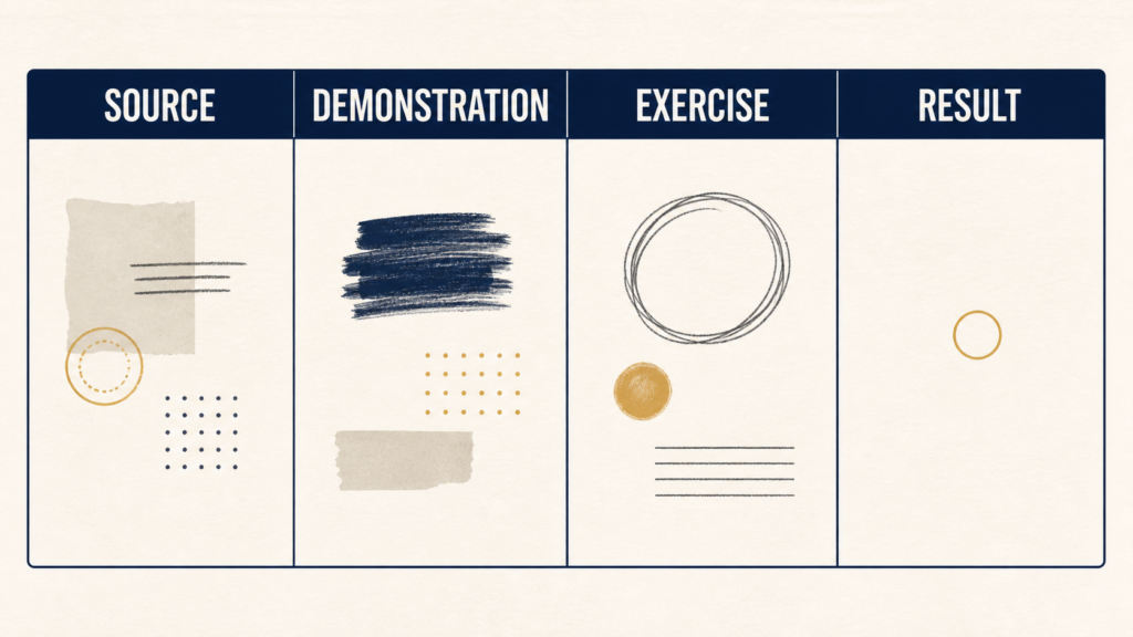 A four-column evidence table separating source, demonstration, learner exercise and observed result.