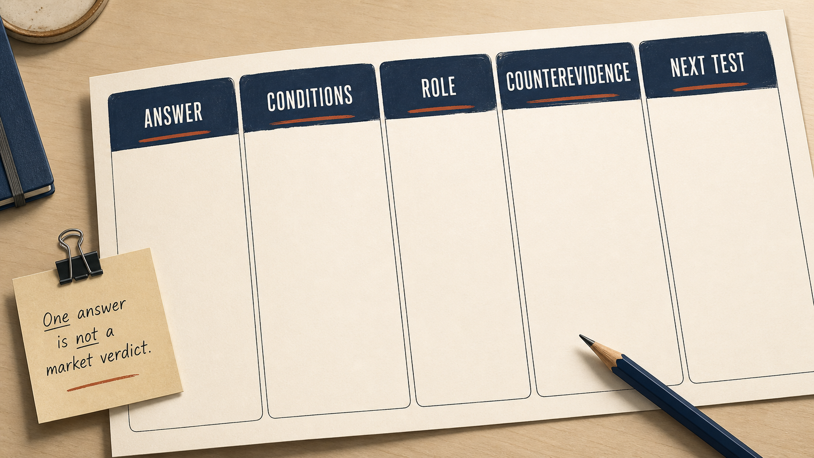 A buyer interview log separates an answer, its conditions, speaker role, counterevidence and the next test.