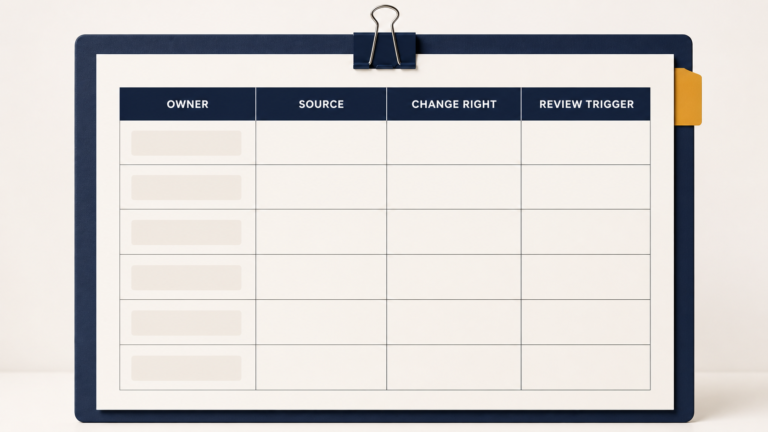 A course card checklist assigns an owner, source and review trigger to each public field.
