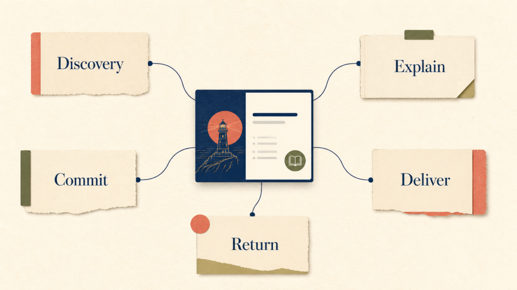 A map connecting one course asset to discovery, explanation, commitment, delivery and retention jobs.