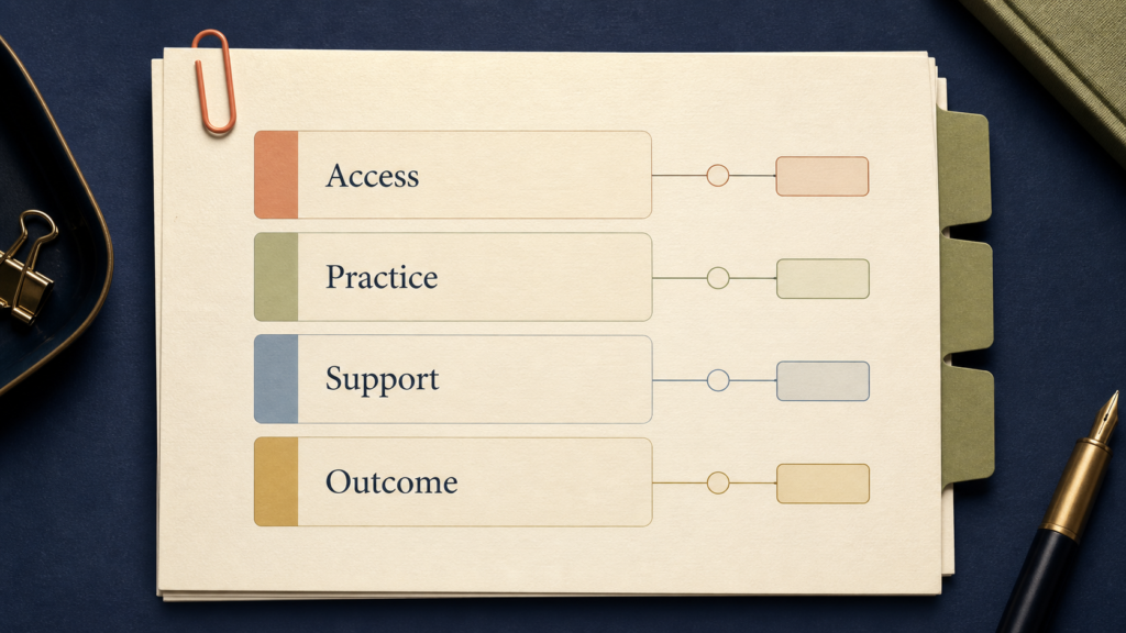 A pilot scorecard separating access, practice, support and outcome signals with owners and stop conditions.