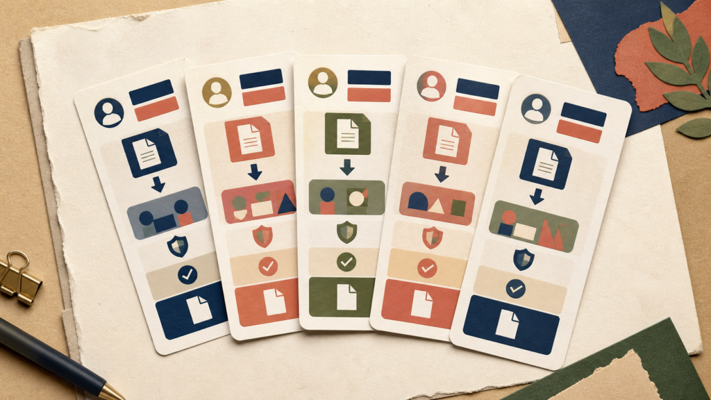 Bilingual learning scenario cards showing role, source material, task, constraint and reviewable output.