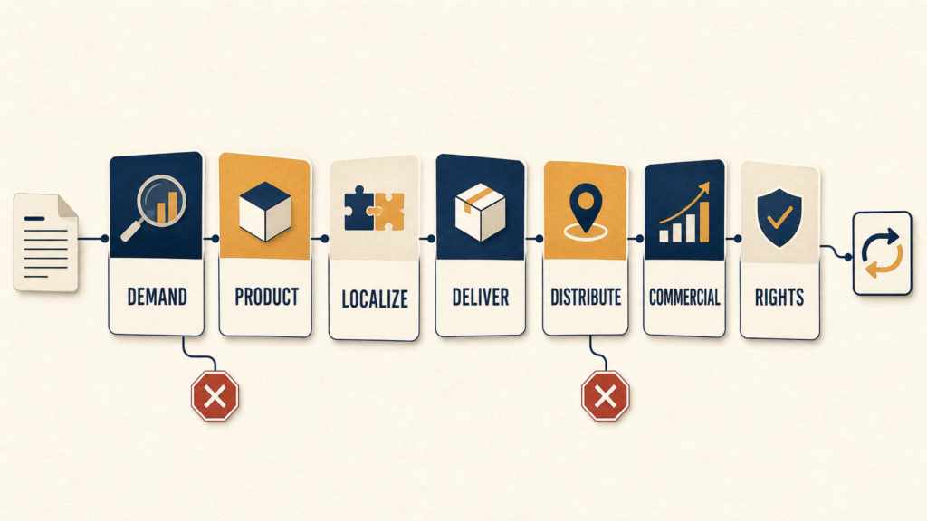 Seven connected decision cards leading from a buyer question to a bounded rights review, with no platform logo.